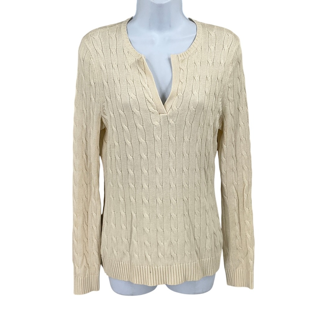 Lauren Ralph Lauren Sweater Women M Ivory Cable Knit Split Neck Classic Preppy